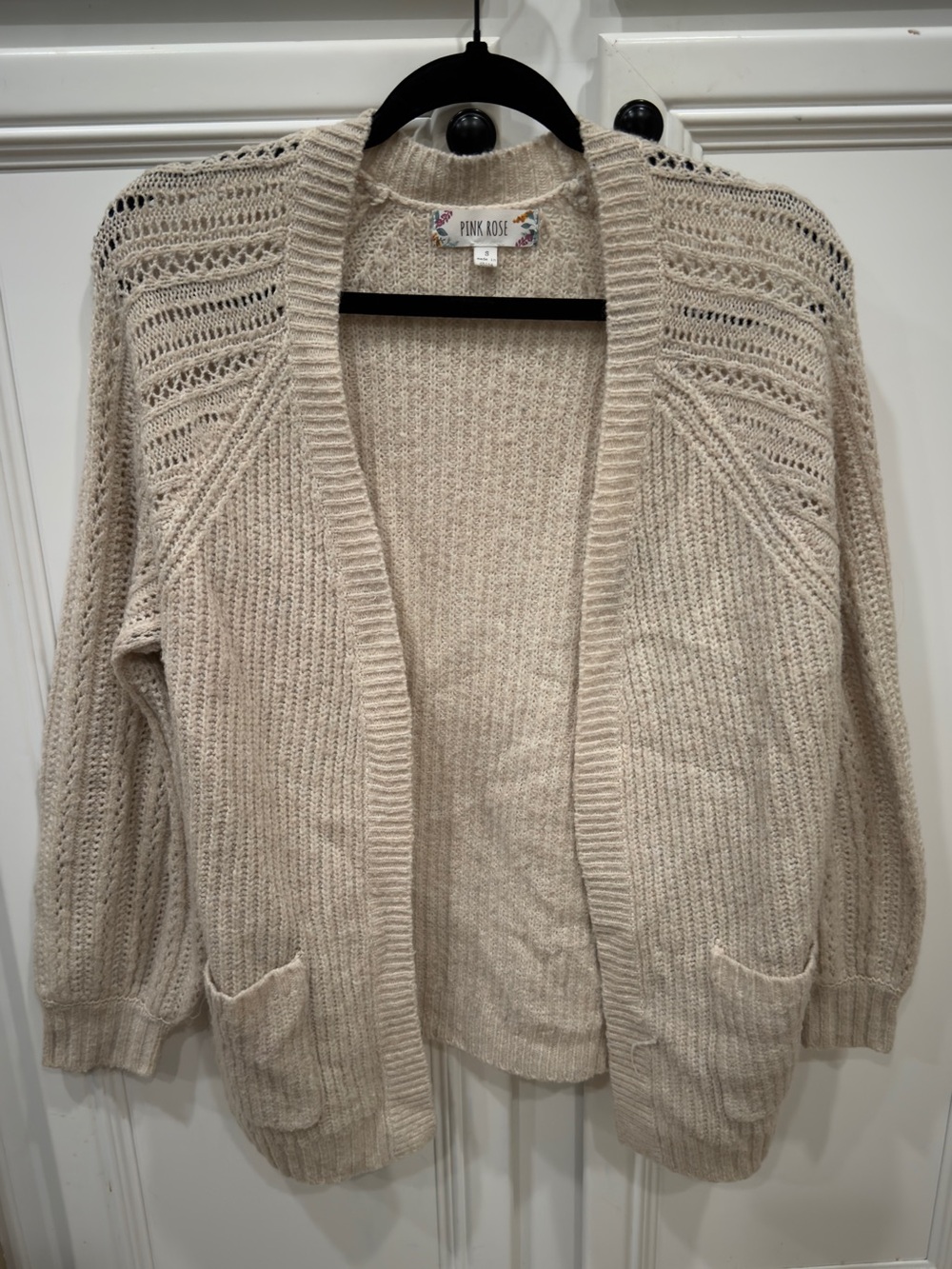 Pink Rose Beige Open-Front Knit Cardigan with Patch Pockets